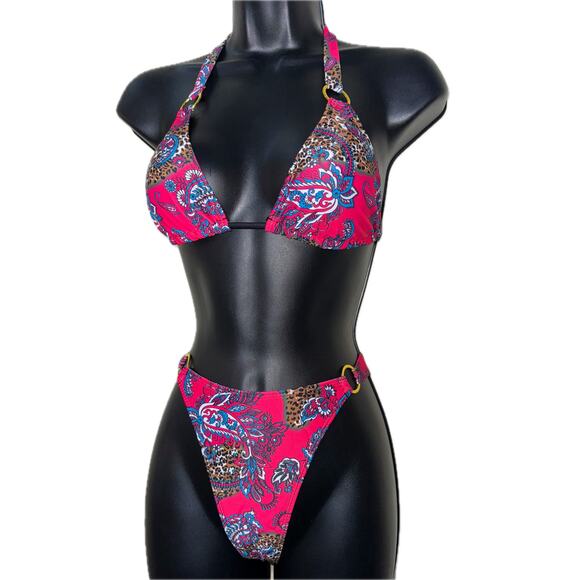 New‎ Small Pink Paisley Bikini Swimsuit Set O-Ring Triangle Padded Halter Retro - Picture 3 of 6